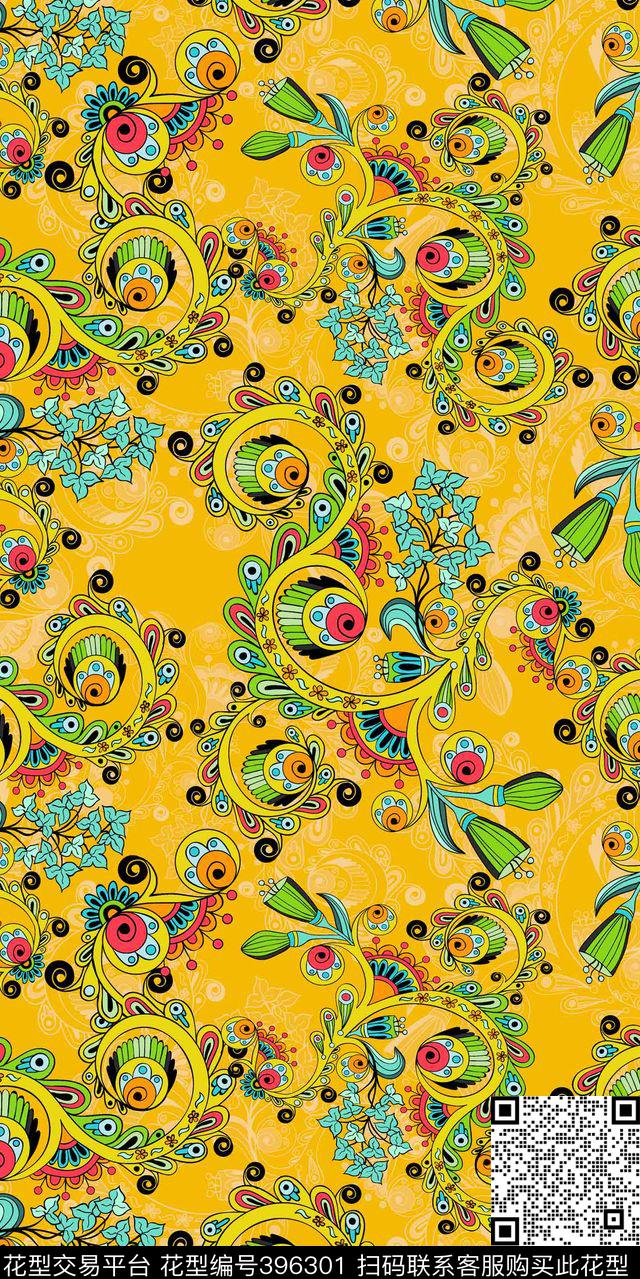 复古花卉流行时尚花卉民族风格传统印花华亿平台下载（图片编号: 396301） - 瓦栏（Walan）