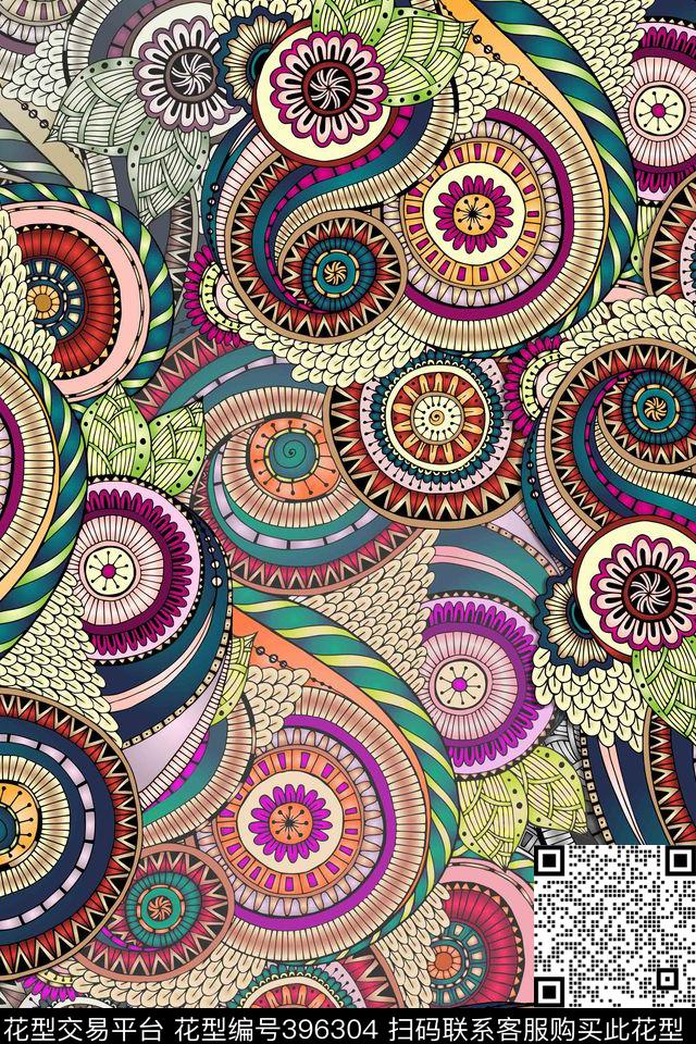 抽象几何花卉复古花卉民族风格数码印花华亿平台下载（图片编号: 396304） - 瓦栏（Walan）