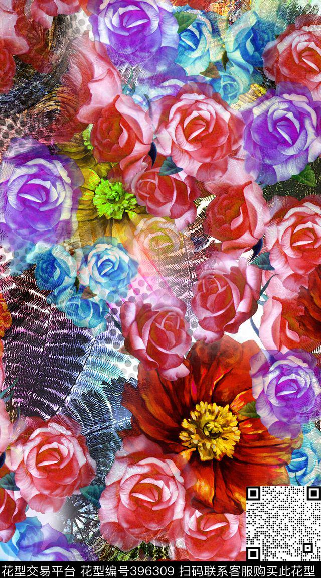 丰富花卉棕榈数码印花华亿平台下载（图片编号: 396309） - 瓦栏（Walan）