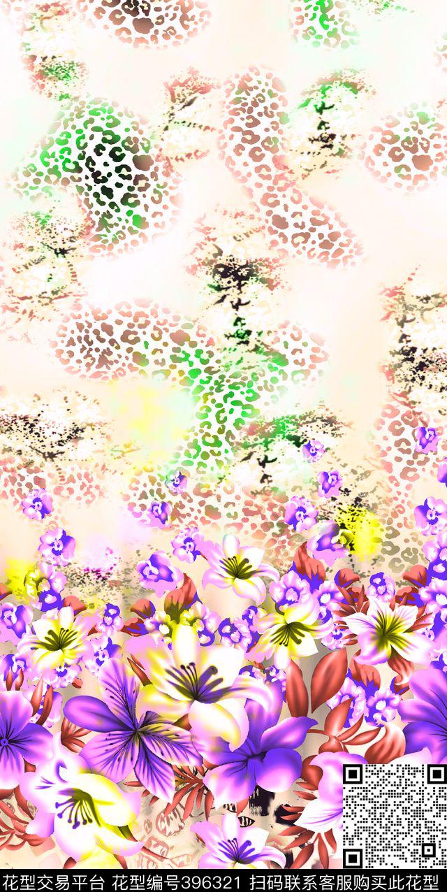 抽象豹纹花卉数码印花华亿平台下载（图片编号: 396321） - 瓦栏（Walan）