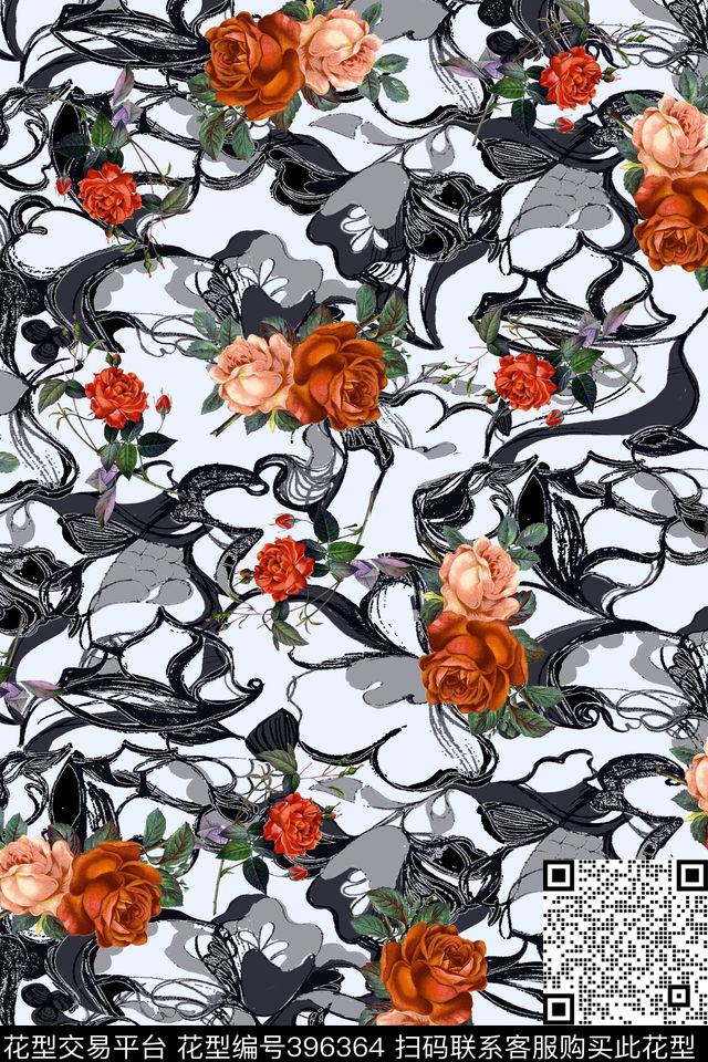抽象肌理黑白手绘花数码印花华亿平台下载（图片编号: 396364） - 瓦栏（Walan）