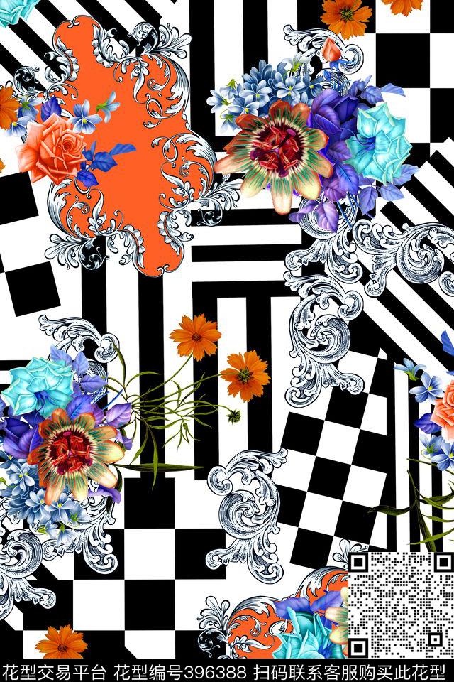 欧式花纹黑白格子花卉数码印花华亿平台下载（图片编号: 396388） - 瓦栏（Walan）
