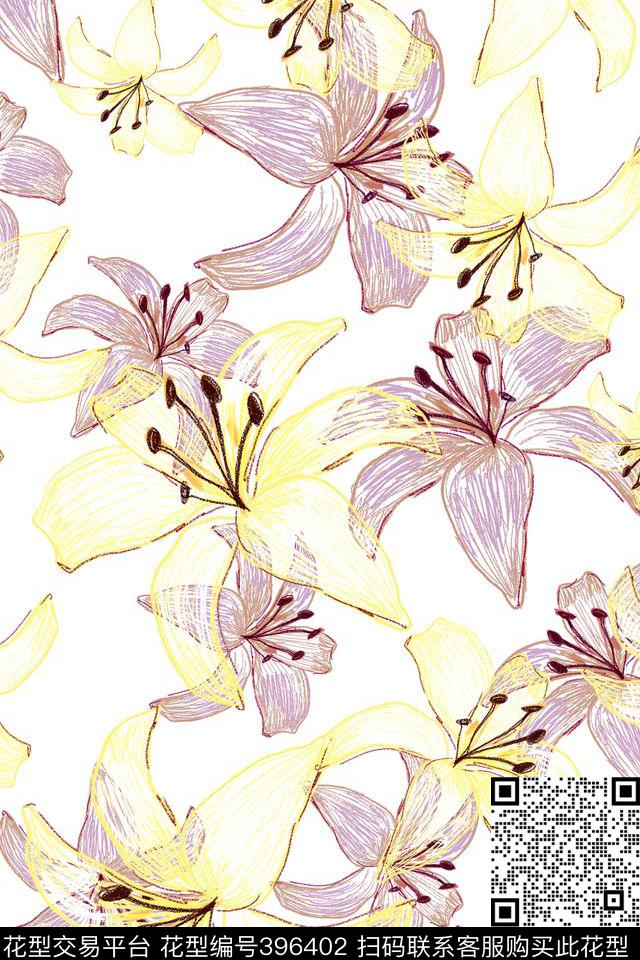 时尚手绘透明梨花雪纺传统印花华亿平台下载（图片编号: 396402） - 瓦栏（Walan）