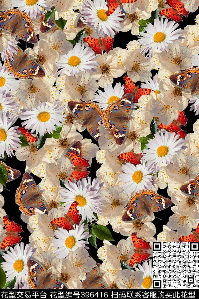 复古黑底蝴蝶花卉数码印花华亿平台下载（图片编号: 396416） - 瓦栏（Walan）