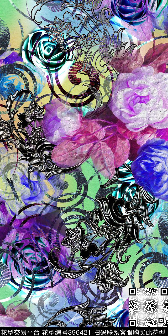 服装黑色立体花边数码印花华亿平台下载（图片编号: 396421） - 瓦栏（Walan）