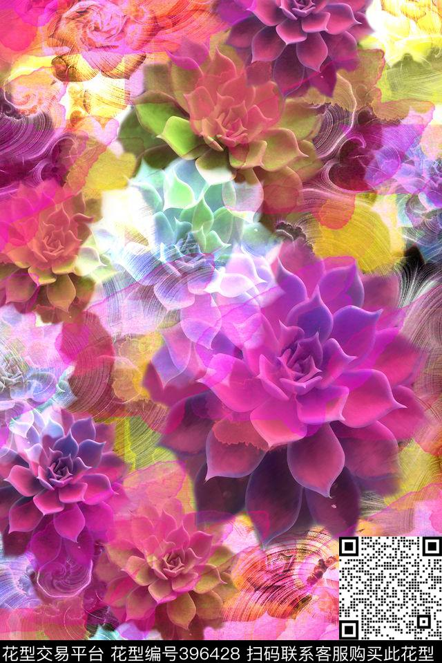 宝石花花卉暖色系组合数码印花华亿平台下载（图片编号: 396428） - 瓦栏（Walan）