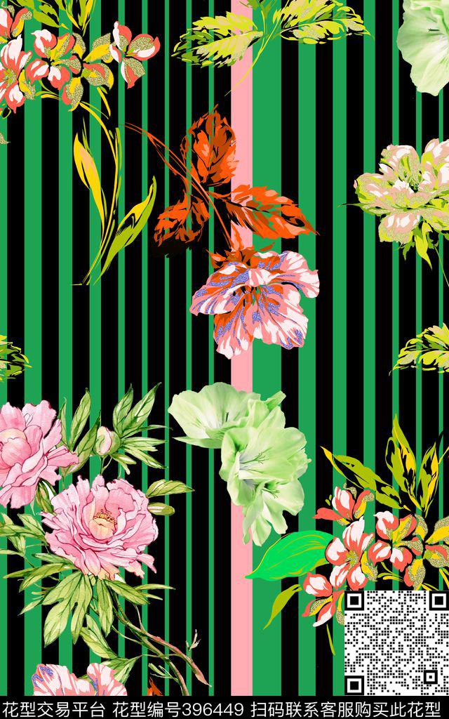春夏条纹花卉数码印花华亿平台下载（图片编号: 396449） - 瓦栏（Walan）