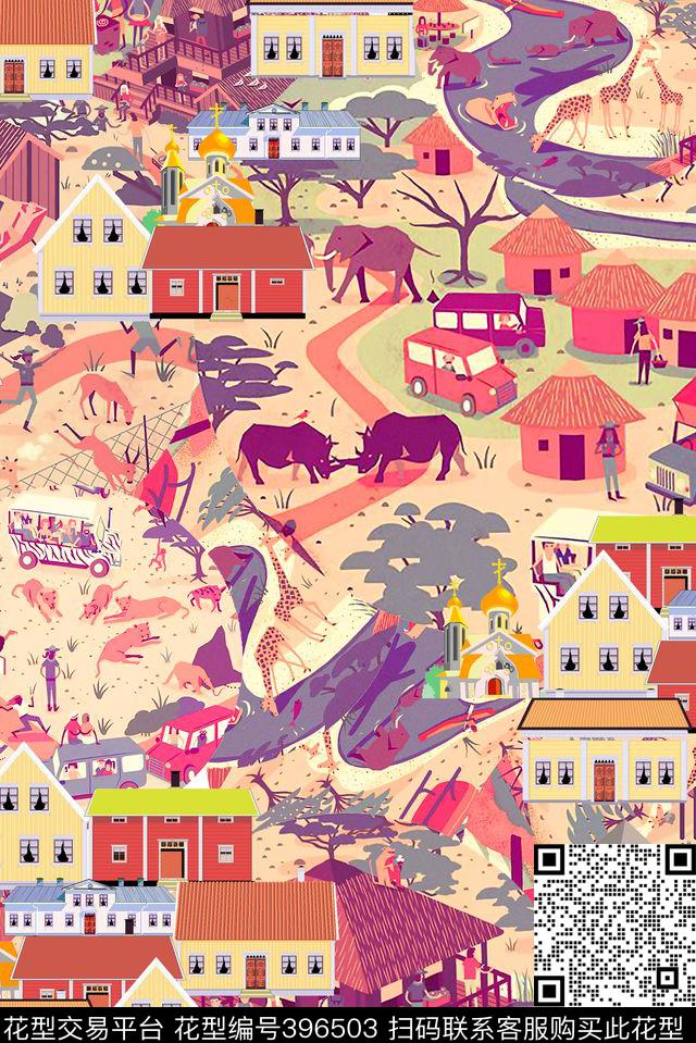 插画房子几何数码印花华亿平台下载（图片编号: 396503） - 瓦栏（Walan）