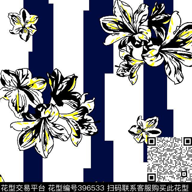 条子花壹人行树叶花卉传统印花华亿平台下载（图片编号: 396533） - 瓦栏（Walan）