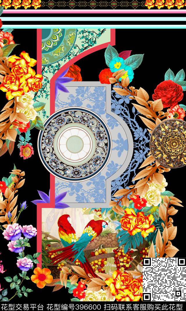 几何纹样大朵花卉时尚大气数码印花华亿平台下载（图片编号: 396600） - 瓦栏（Walan）