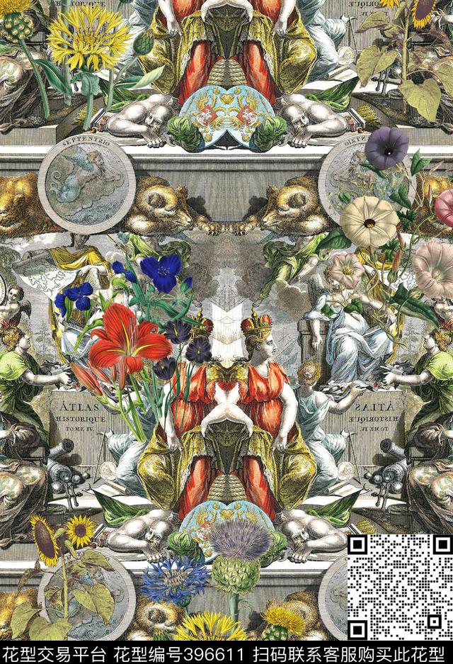 复古复古人物壁画复古花卉数码印花华亿平台下载（图片编号: 396611） - 瓦栏（Walan）