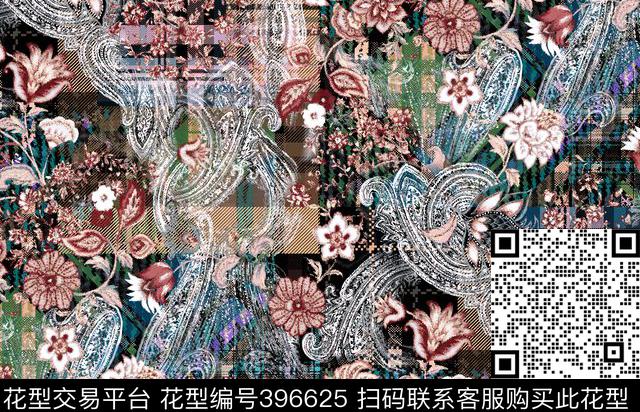 休闲花卉格子佩斯利62*39.9cm\300dpi\tiff数码印花华亿平台下载（图片编号: 396625） - 瓦栏（Walan）