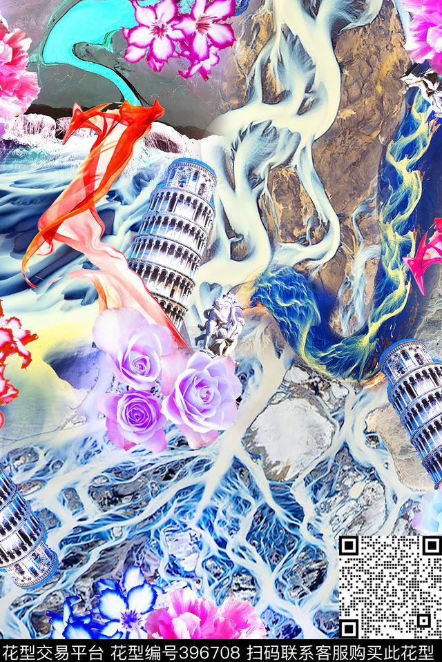 泳装建筑花卉数码印花华亿平台下载（图片编号: 396708） - 瓦栏（Walan）