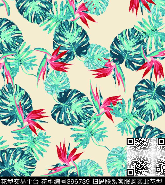 热带风情花卉棕榈叶传统印花华亿平台下载（图片编号: 396739） - 瓦栏（Walan）