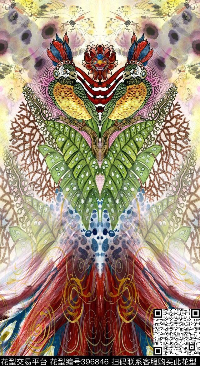 抽象羽毛手绘鸟水彩花数码印花华亿平台下载（图片编号: 396846） - 瓦栏（Walan）