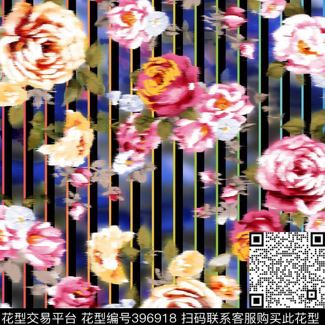 数码印花水彩花卉条纹花卉数码印花华亿平台下载（图片编号: 396918） - 瓦栏（Walan）