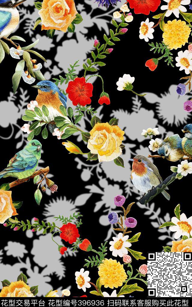 宫廷风花卉鸟绣花花卉数码印花华亿平台下载（图片编号: 396936） - 瓦栏（Walan）