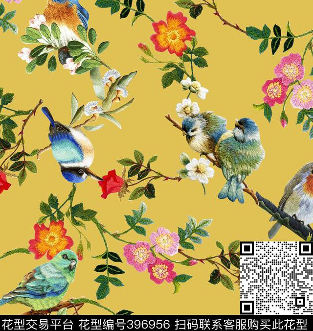 数码印花花卉鸟刺绣花卉数码印花华亿平台下载（图片编号: 396956） - 瓦栏（Walan）