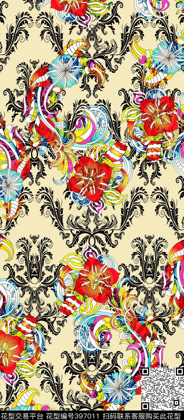 巴洛克花卉纹样数码印花华亿平台下载（图片编号: 397011） - 瓦栏（Walan）