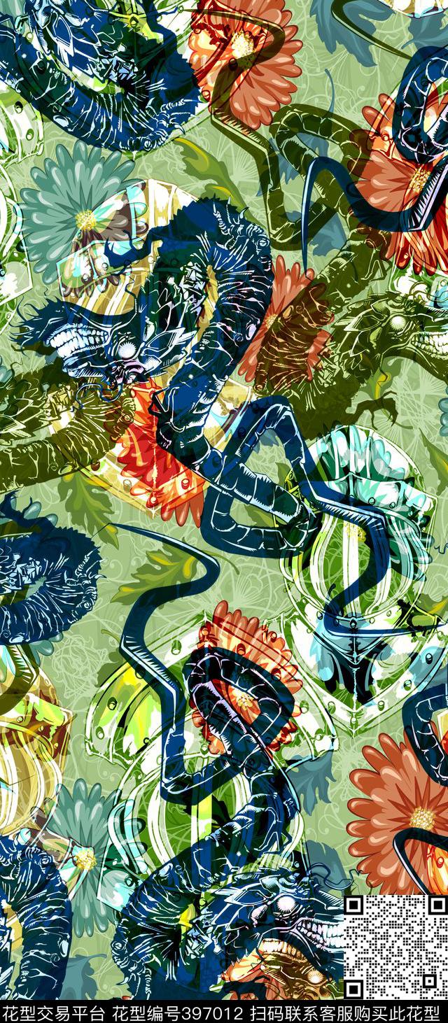 手绘龙花卉动物动物纹数码印花华亿平台下载（图片编号: 397012） - 瓦栏（Walan）