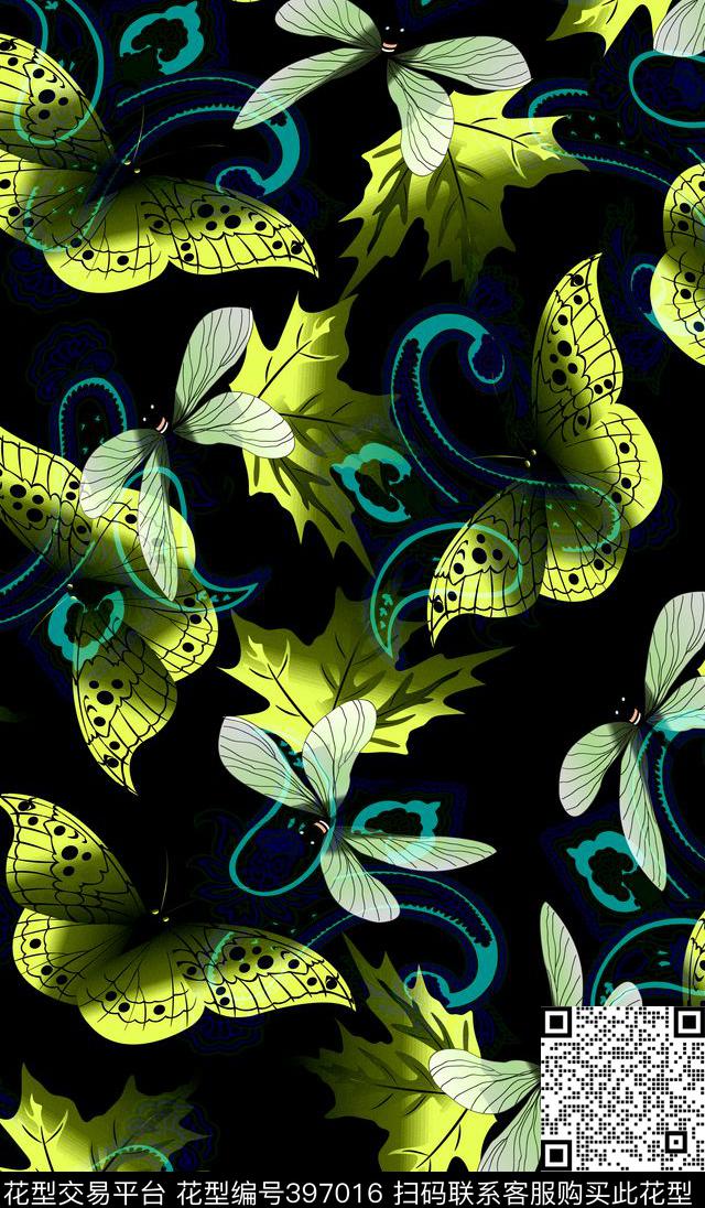 蝴蝶叶子动物动物纹数码印花华亿平台下载（图片编号: 397016） - 瓦栏（Walan）