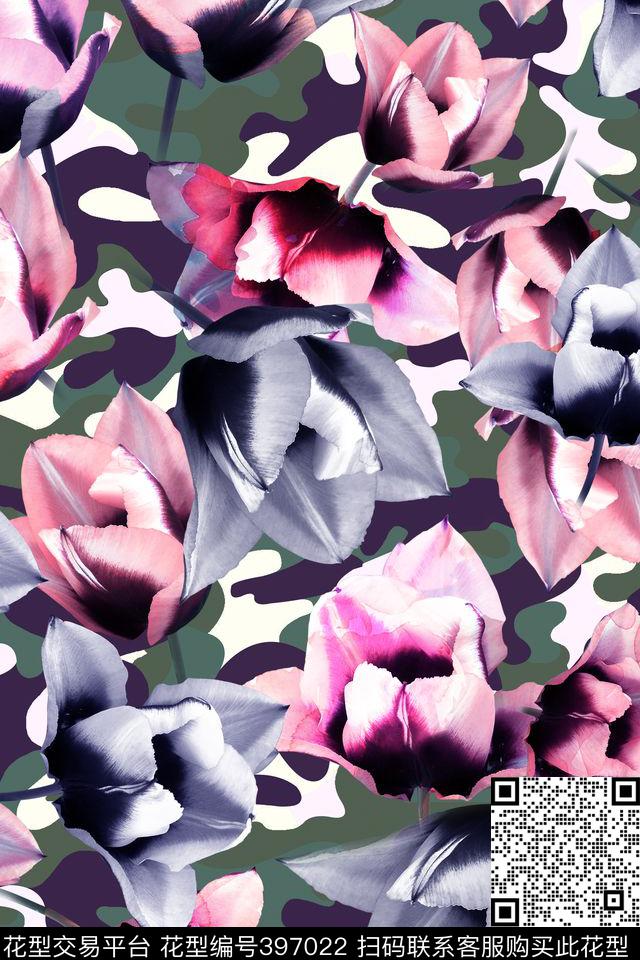迷彩郁金香大花时尚流行数码印花华亿平台下载（图片编号: 397022） - 瓦栏（Walan）