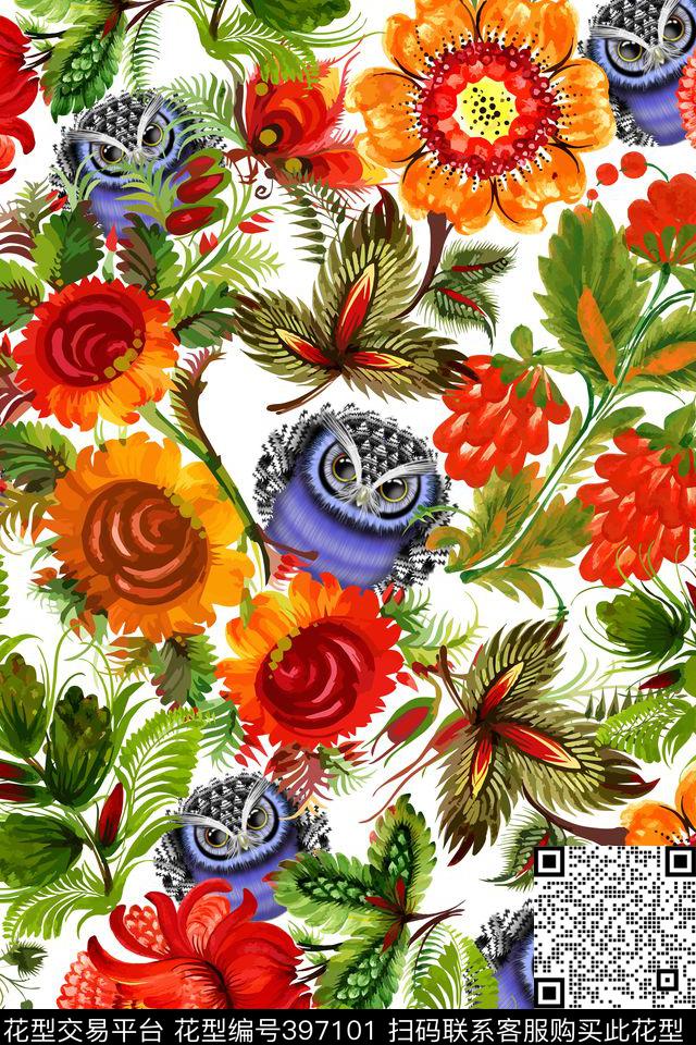 时尚流行花猫头鹰流行时尚花卉数码印花华亿平台下载（图片编号: 397101） - 瓦栏（Walan）
