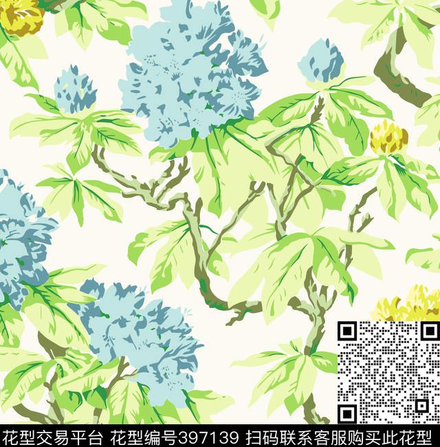 清新大叶子树枝数码匹布印花传统印花华亿平台下载（图片编号: 397139） - 瓦栏（Walan）