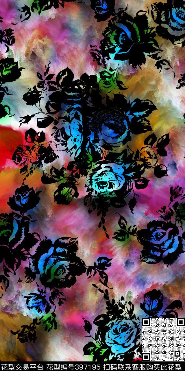 彩色云纹打底裤花卉数码印花华亿平台下载（图片编号: 397195） - 瓦栏（Walan）