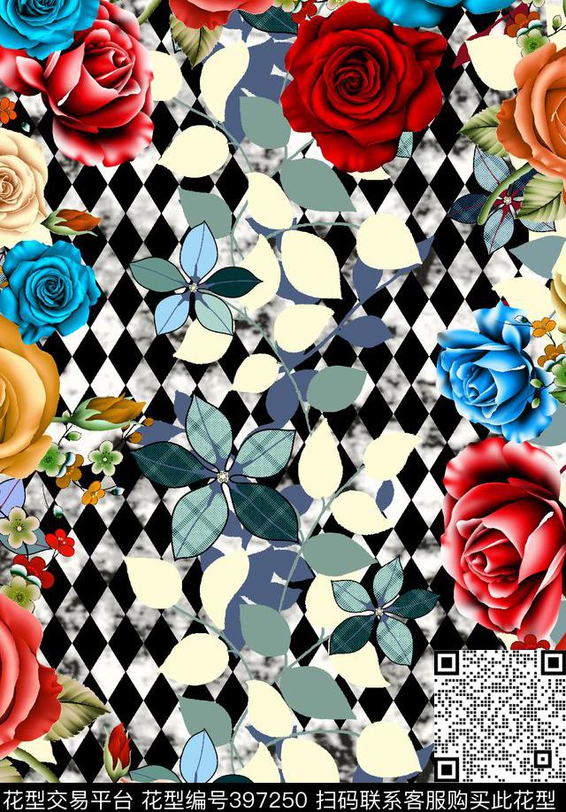 花卉菱形格数码印花华亿平台下载（图片编号: 397250） - 瓦栏（Walan）