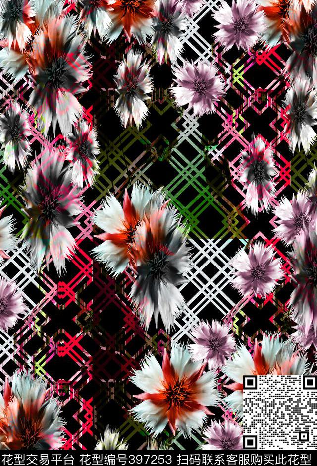 花写意线条、条纹、格子类数码印花华亿平台下载（图片编号: 397253） - 瓦栏（Walan）