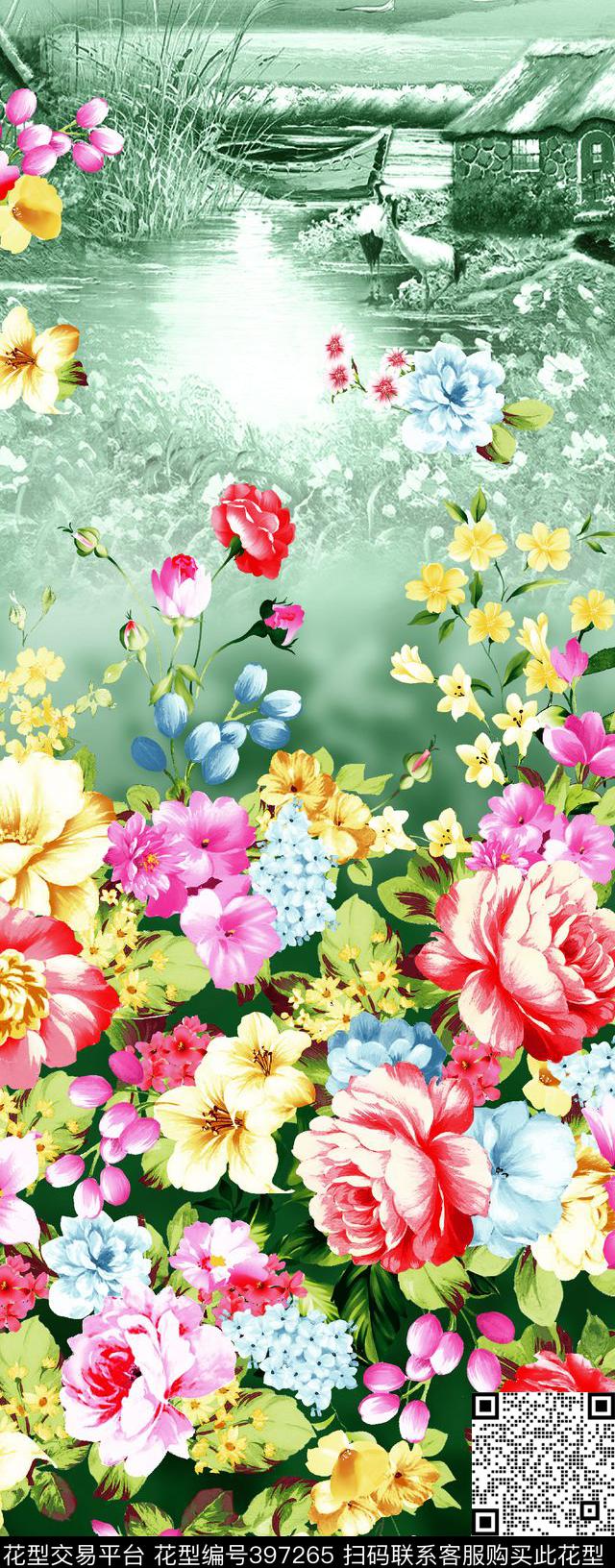 花卉山水画数码印花华亿平台下载（图片编号: 397265） - 瓦栏（Walan）