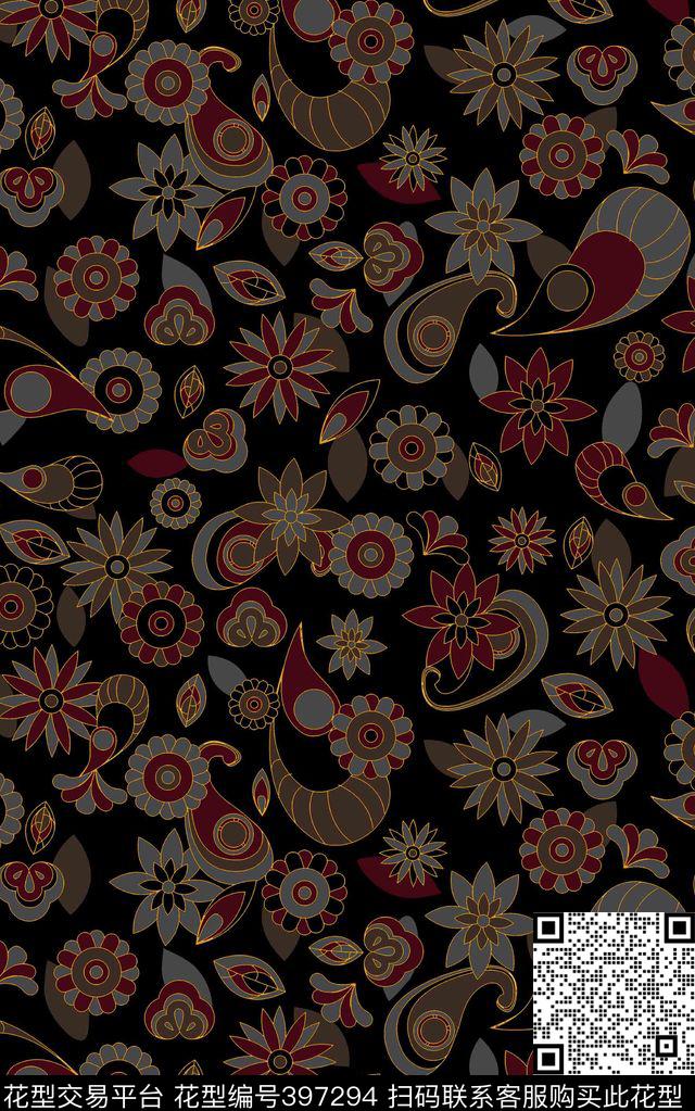 抽象花卉几何花卉传统印花华亿平台下载（图片编号: 397294） - 瓦栏（Walan）