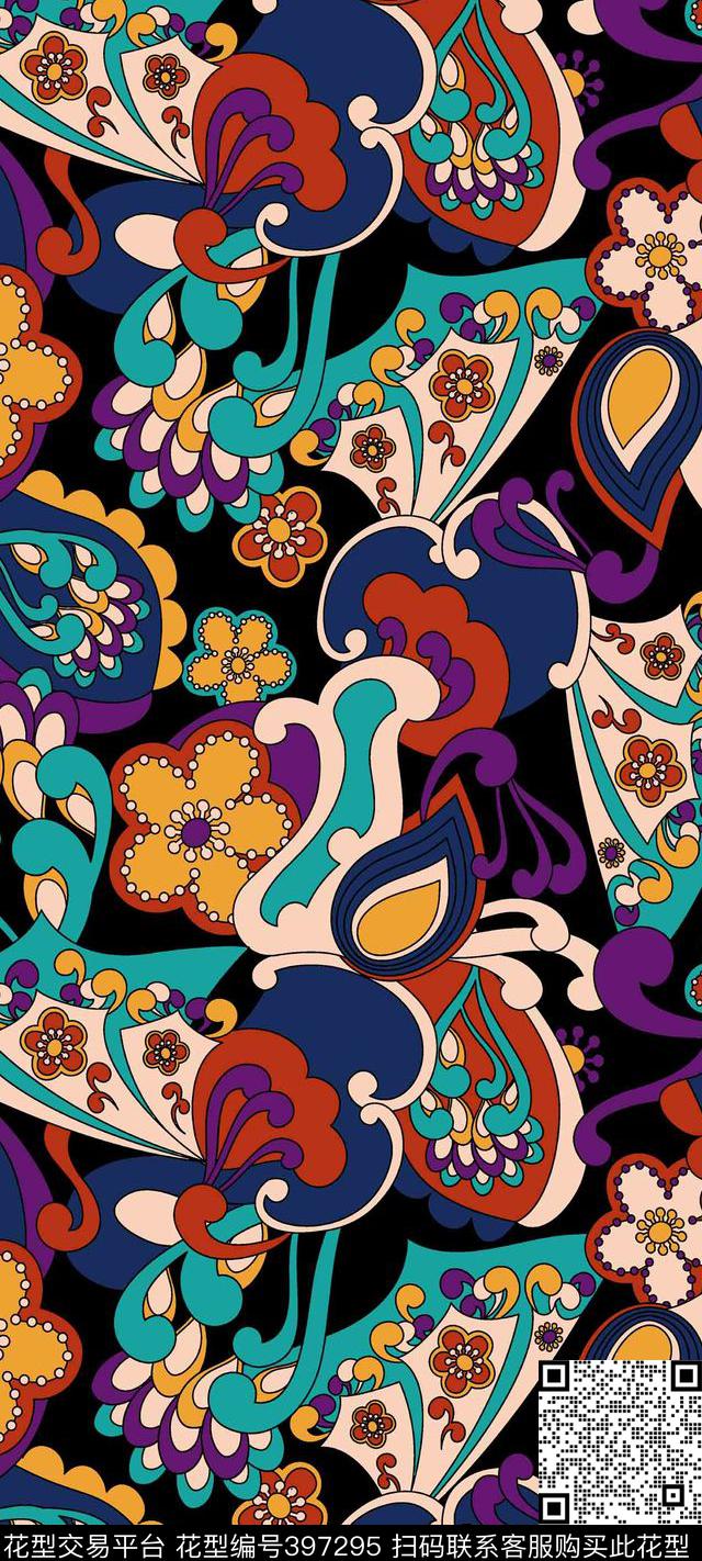 抽象复古花卉流行时尚传统印花华亿平台下载（图片编号: 397295） - 瓦栏（Walan）