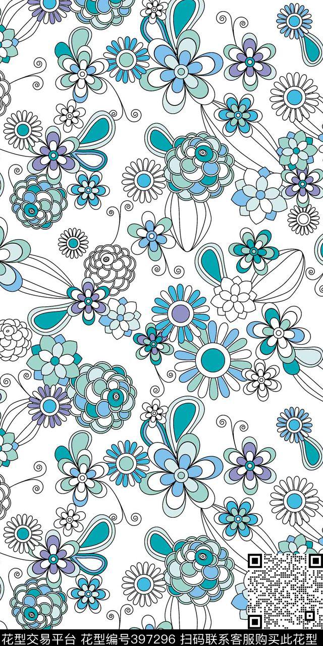 简单抽象花卉流行时尚传统印花华亿平台下载（图片编号: 397296） - 瓦栏（Walan）