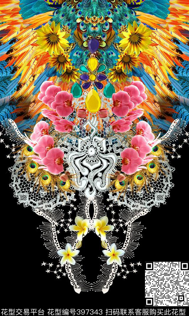 时尚羽毛蕾丝数码印花华亿平台下载（图片编号: 397343） - 瓦栏（Walan）