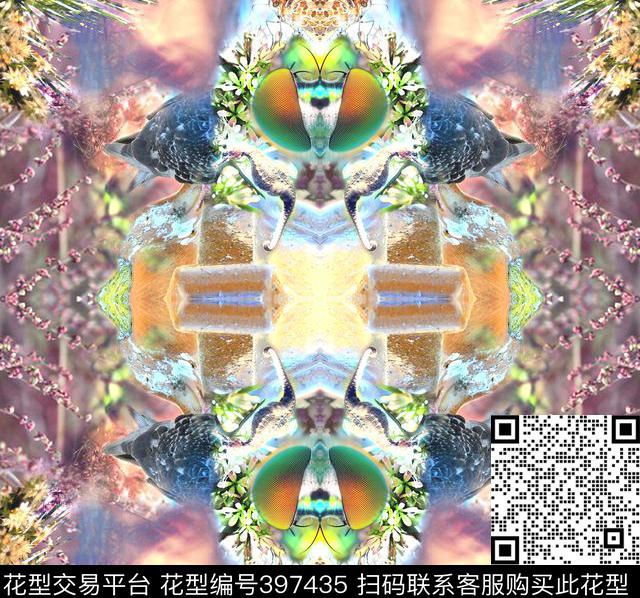 鸟蝴蝶昆虫树木花草人像镜像自然迷幻数码印花华亿平台下载（图片编号: 397435） - 瓦栏（Walan）