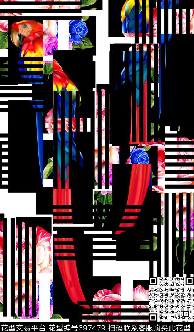 错位条纹花卉数码印花华亿平台下载（图片编号: 397479） - 瓦栏（Walan）