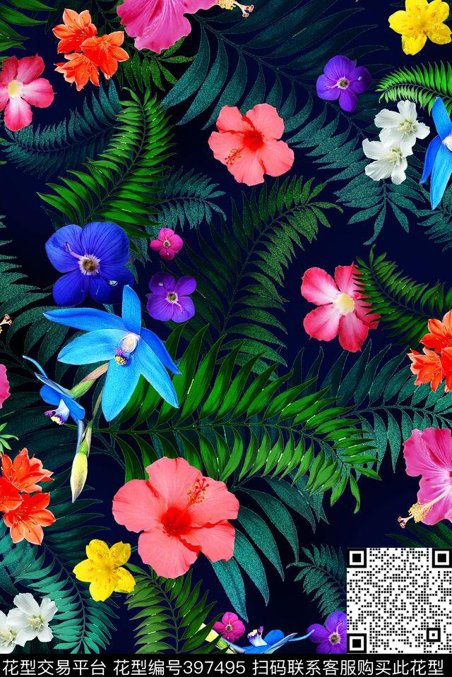花卉棕榈叶热带数码印花华亿平台下载（图片编号: 397495） - 瓦栏（Walan）