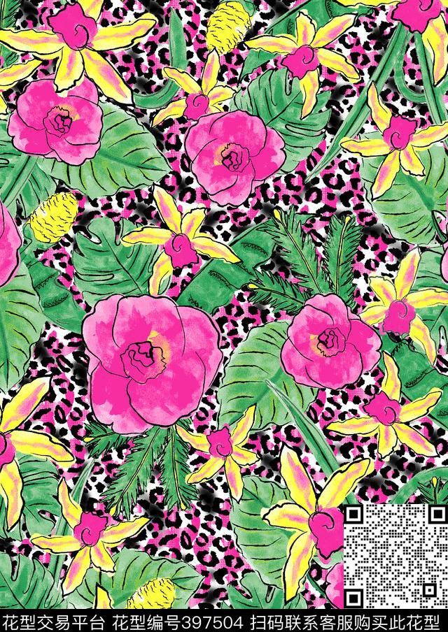 动物纹加鲜花兰花热带植物传统印花华亿平台下载（图片编号: 397504） - 瓦栏（Walan）