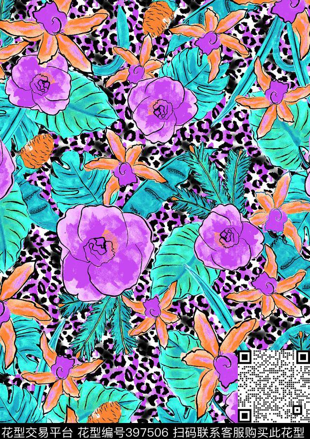 动物纹加鲜花兰花热带植物传统印花华亿平台下载（图片编号: 397506） - 瓦栏（Walan）