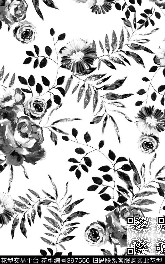 花卉叶子水墨风格花卉传统印花华亿平台下载（图片编号: 397556） - 瓦栏（Walan）