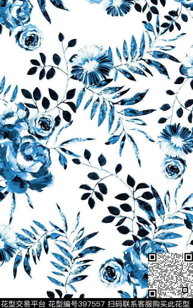 水墨风格花卉叶子花卉传统印花华亿平台下载（图片编号: 397557） - 瓦栏（Walan）