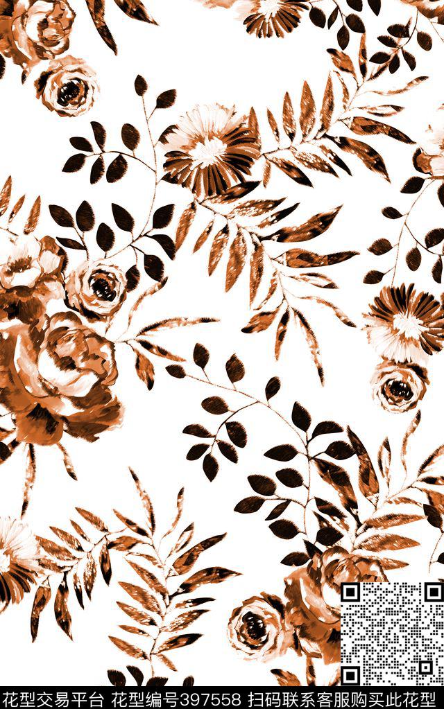 水墨风格花卉叶子花卉传统印花华亿平台下载（图片编号: 397558） - 瓦栏（Walan）