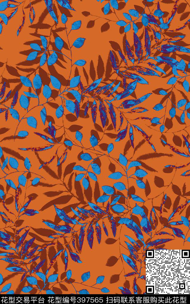 传统印花叶子花卉数码印花华亿平台下载（图片编号: 397565） - 瓦栏（Walan）