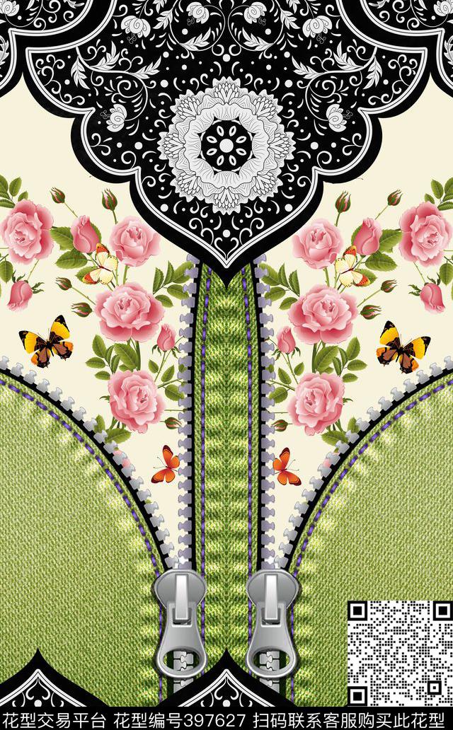 时尚流行拉链蝴蝶花贲定位女装数码印花华亿平台下载（图片编号: 397627） - 瓦栏（Walan）