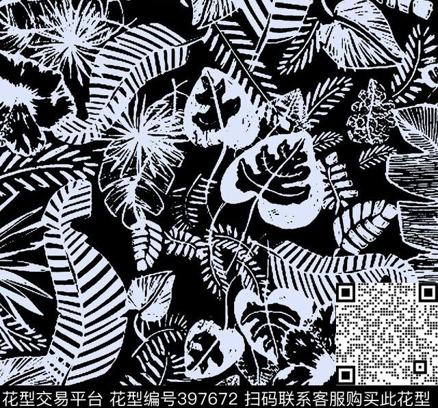灰黑树叶单色华亿平台传统印花华亿平台下载（图片编号: 397672） - 瓦栏（Walan）