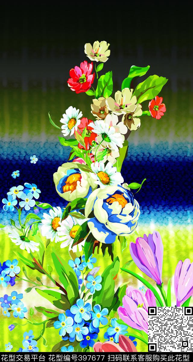 花朵五彩渐变数码印花华亿平台下载（图片编号: 397677） - 瓦栏（Walan）