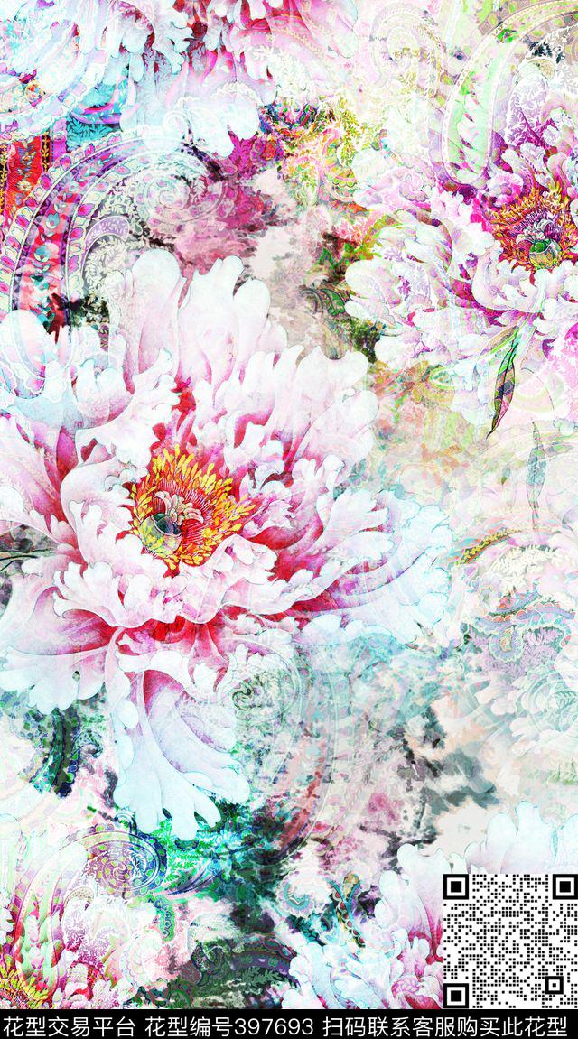 大气花卉叠加花卉腰果数码印花华亿平台下载（图片编号: 397693） - 瓦栏（Walan）