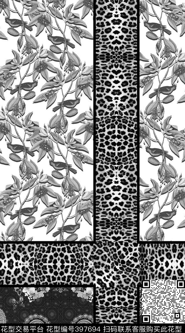 大气黑白定位动物纹、花鸟数码印花华亿平台下载（图片编号: 397694） - 瓦栏（Walan）